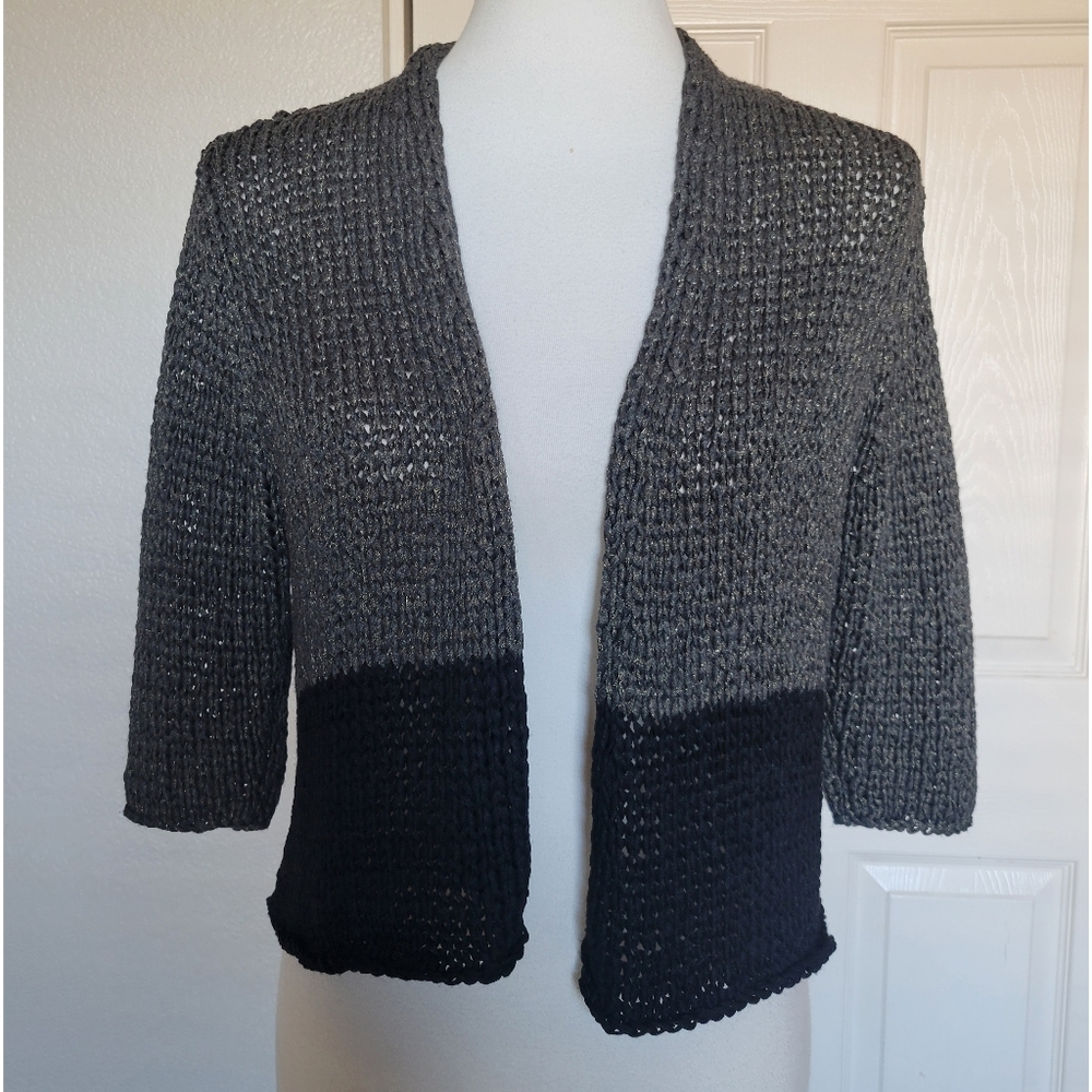 NWOT Eileen Fisher Cropped Open Knit Cardigan Sweater Size L Colorblock Gray